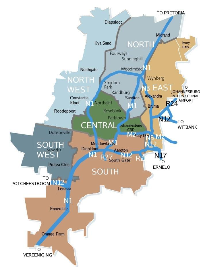 Mappa dei dintorni di Johannesburg (Joburg Jozi)