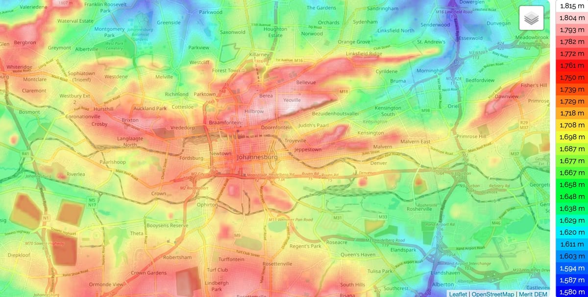 Johannesburg (Joburg Jozi) mappa altimetrica