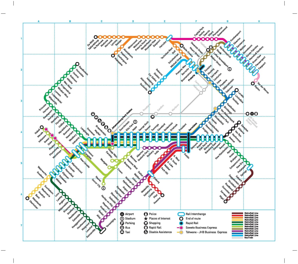 Mappa delle stazioni ferroviarie di Johannesburg (Joburg Jozi)